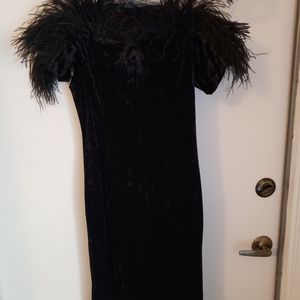 Feathered Calvin Klein cocktail dress.